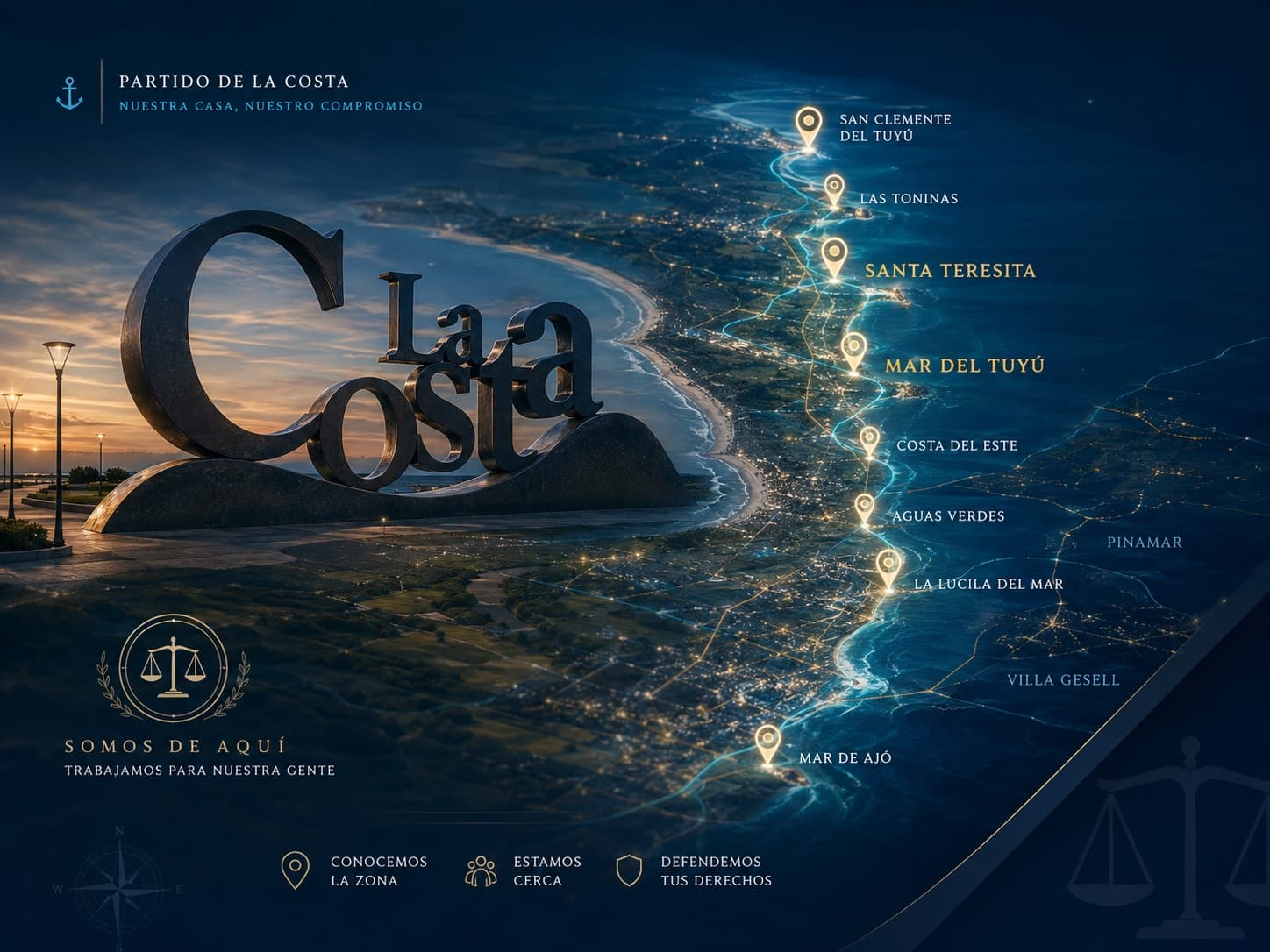 Monumento La Costa y mapa del Partido de La Costa con sus localidades